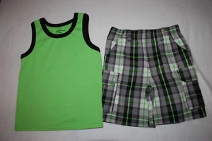 Toddler Boys Outfit LIME GREEN TANK TOP Black Trim PLAID CARGO SHORTS Woven 3T - Picture 1 of 1