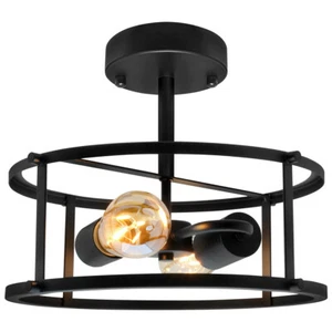 Industrial Black Ceiling Light Round 2 Light Drum Lantern Semi Flush Mount K439 - Picture 1 of 12