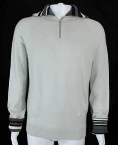 HERMES Pale Green Cashmere Knit Striped Trim Men's Quarter Zip Sweater M - Picture 1 of 7