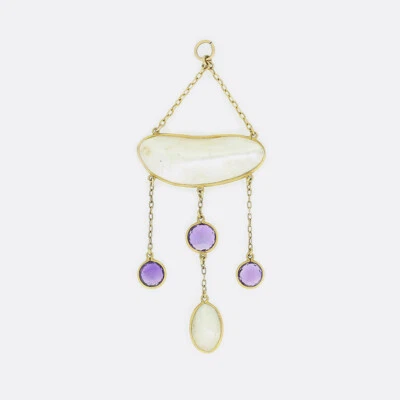 Amethyst and Pearl Drop Necklace 10ct Yellow Gold - Image 1 of 3