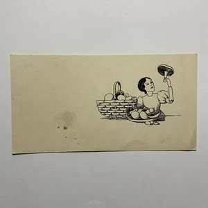 Antique Vintage original Lady Mushroom Basket Ink Drawing Still Life Drawing - Picture 1 of 4