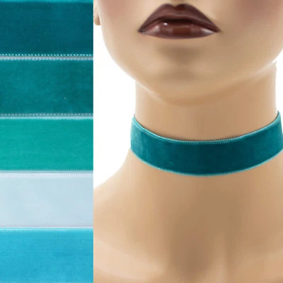 Teal Velvet Choker 7/8 inch (22 - 23 mm) wide custom adjustable ribbon necklace - Image 1 of 4