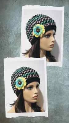 handmade  crochet womans boho flower hat beanie candied pink blue posts - Image 1 of 3