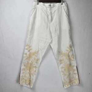 Pantalones Johnny Was Lino Elegantes Blancos Bordados Diseño Floral Talla Pequeña - Imagen 1 de 11