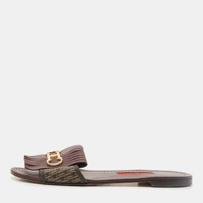 CH Carolina Herrera Brown Signature Canvas and Leather Lock Flat Slides Size 37 - Image 1 of 4