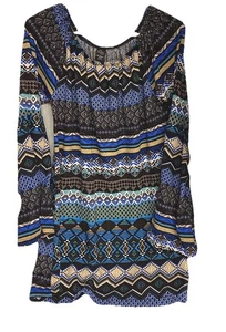 Win Win L XL Boho Bell Sleeve Geo Tribal Tunic Top Teals Blues Brown Long Sleeve - Picture 1 of 8