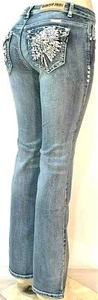 PLATINUM PLUSH LADIES INDIAN SKULL RHINESTONE DENIM BOOT CUT JEANS STYLE #4032 - Picture 1 of 3