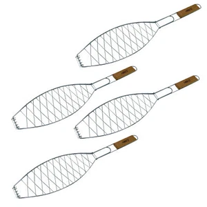 4 Stück Fisch-Griller Fischbräter Fisch-Grillzange Fischzange Klammer Holzgriff - Bild 1 von 7