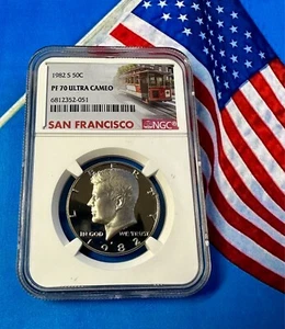1982 S NGC PF70 ULTRA CAMEO CLAD PROOF KENNEDY HALF DOLLAR 50C TROLLEY LABEL - Picture 1 of 2