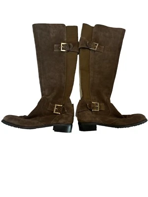 Botas de montar de cuero gamuza marrón restringido con elástico para pantorrilla más ancha. Talla 10 Foto 1 de 4