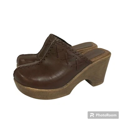 Y2K Vintage Bongo Clogs Mules Women's 5M Brown Chunky Heel Faux Leather - Image 1 of 4