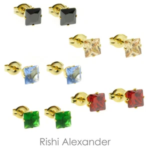 18k Gold Filled Square 5mm Colorful CZ Stud Earrings Butterfly Posts - Picture 1 of 6