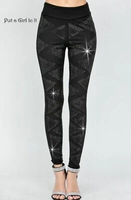 Nuevo VOCAL Mujer CRISTAL EMBELLECIDO NEGRO DIAMANTE LEGGINGS ELÁSTICOS S M L XL Foto 1 de 4