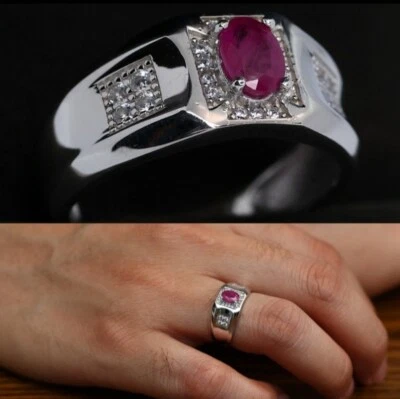 Natural Ruby 925 Silver Men Statement Wedding Promise July Birthstone Gifts Ring - Image 1 of 4