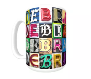 DEBRA Kaffeebecher / Tasse mit dem Namen auf Fotos von Zeichenbuchstaben - Bild 1 von 3