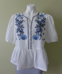 SOLITAIRE Women's L Cross-Stitch Embroidery Puff Sleeve Peplum Top Johnny - Picture 1 of 15