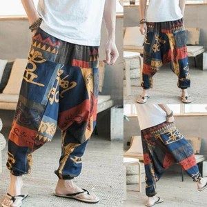 Men 100%Cotton Elastic Waist Long Pants Pirnted Baggy Loose Jogger Yoga Trousers - Picture 1 of 36