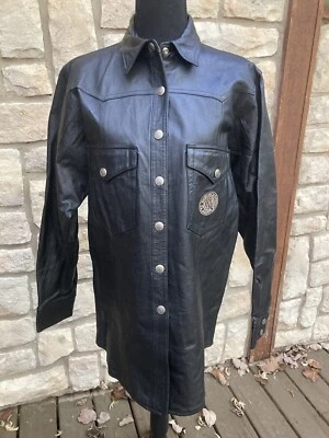 DE COLECCIÓN HARLEY DAVIDSON CUERO NEGRO MUJER CAMISA CHAQUETA BOTÓN A PRESIÓN talla GRANDE Foto 1 de 4