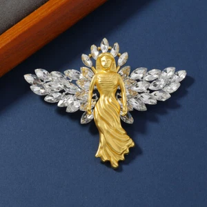 Matte Gold Angel Brooch Women Fashion Rhinestone Coat Pin Vintage Accessories - Picture 1 of 6