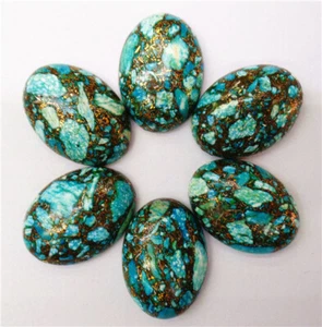 6 Stck. 25x18x7 mm Blau Gold Meer Sediment Jaspis & Pyrit Oval Cabochon HH7762 - Bild 1 von 2