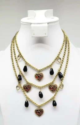 Heidi Daus Garnet + Black Diamond Gold Heart Charm Layered Rope Necklace - Image 1 of 4