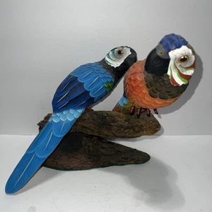 Set Of 2 Hand Painted Wood & Leather McCall & Parrot Birds From Mexico On... - Picture 1 of 17