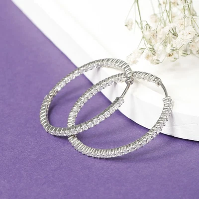 Киберпонедельник! Серьги-кольца из белого золота 14 карат с круглым выращенным в лаборатории бриллиантом 3 карата - Изображение 1 из 4