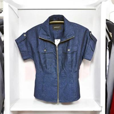 Lafayette 148 New York Navy Linen Short Sleeved Zip Jacket Womens Size 2  NWT - Image 1 of 4