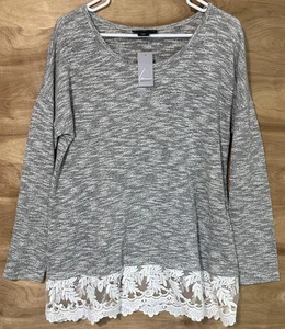 NWT Lane Bryant Plus Size  14 16 Lace Detail Long Sleeve Knit Top Gray - Picture 1 of 6
