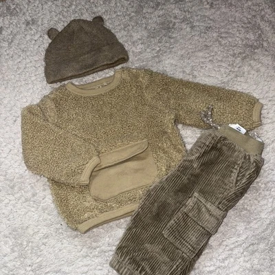 C&A 3 Teile Set Hose Pullover Gr. 68 Grün Khaki Cordhose Gefüttert Teddy Pulli - Bild 1 von 4