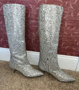 Botas Kate Spade Olina plateadas brillantes hasta la rodilla punta punta 8,5 M tacones de 2 pulgadas - Imagen 1 de 11