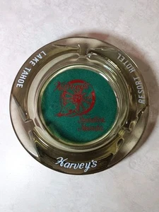 Vtg Harvey's Nevada Hotel Lake Tahoe Ashtray Smoke Glass w Green Velvet Bottom - Picture 1 of 5