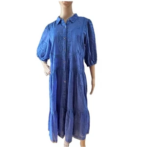 Johnny Was Sadie Dress Sz Medium Midi Silk Blend Embroidered Eyelet Blue w/ Slip - Picture 1 of 18