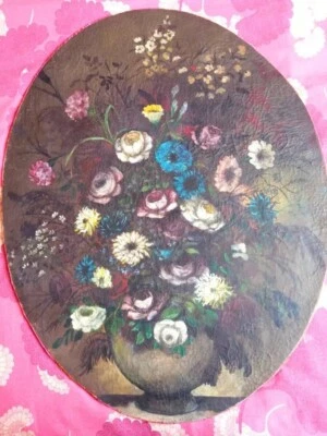 Tableau Ancien Huile Nature Morte Bouquet de Fleurs XXème - Photo 1/4