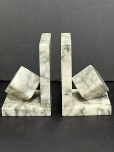 Marble L Bookends White w/Black Cube Feature Office Library Bookcase 4.75" Tall - Picture 1 of 13