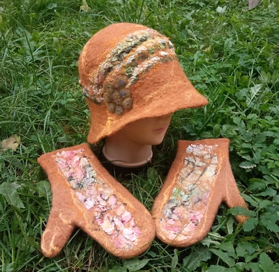 Chapéu balde feminino feltrado luvas lã merino. Conjunto quente inverno. Presente de Natal - Imagem 1 de 4