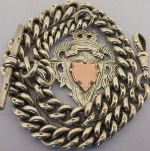 Very Heavy Antique Solid Sterling Silver Albert Pocket Watch Chain & Fob 1890 - Picture 1 of 12