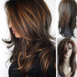 ✨Capelli veri! Splendide Parrucche Donna Lunghe Mix Marrone Lisci 2024 Capelli Umani A U K - Foto 1 di 10