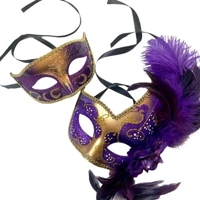 Couples Masquerade Ball Mask Pair Feather Mardi Gras Party Prom Valentines Gift - Image 1 of 4