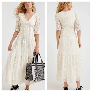 NWT Desigual Embroidery Maxi Dress Large Ivory Lace Romantic Drawstring Waist - Picture 1 of 14