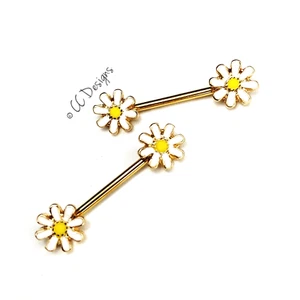 14g Pair Gold IP Yellow White Enamel Daisy Flower nipple rings J75 - Picture 1 of 2