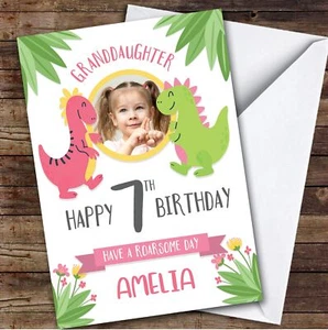 Dinosaur Pink Photo Granddaughter 7th Custom Personalised Birthday Card - Picture 1 of 1