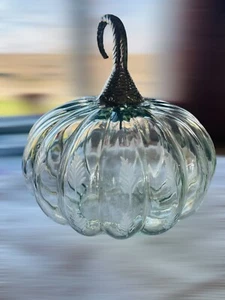 Leaves Design On Clear Glass Pumpkin Table Decor with Silver Stem 8” Transparent - Picture 1 of 10