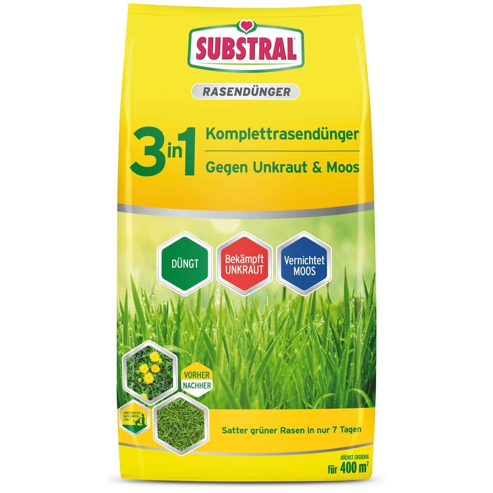 EVERGREEN Rasendünger mit Unkrautvernichter Substral 3in1 Unkraut und Moos 14kg für 400m²