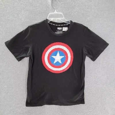 Marvel Boys T-Shirt XL Black Graphic Captain America Shield Sequin READ - Image 1 of 4