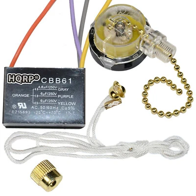 HQRP Kit Ceiling Fan Capacitor CBB61 4.8uf+6uf+6uf 4-Wire and 3-Speed Fan Switch
