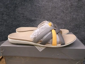 Vionic Dava Leather Strappy Flats Sandals Gray Yellow Slides Womens Size 9.5 M - Picture 1 of 10