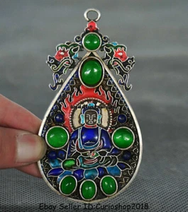 3.8" Old Buddhism Silver Inlay Green Jade Tibet Shakyamuni Buddha Pendant Amulet - Picture 1 of 8