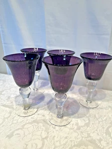 Artland Iris Plum Amethyst Purple Glass Bubble 8" Water Wine Goblets Set of 5 - Picture 1 of 6