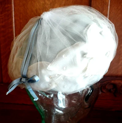 Bouffant Turban Blue Chiffon 1930s Hat w Netting Bow Pips Sequin VTG Union Label - Image 1 of 4